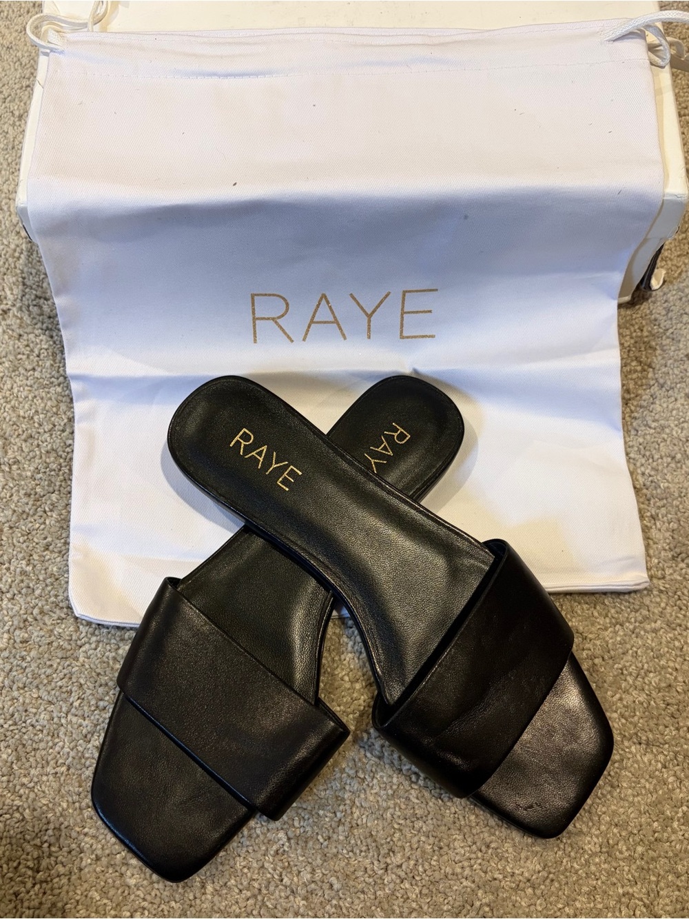 RAYE Black Leather Square-Toe Slide Mules